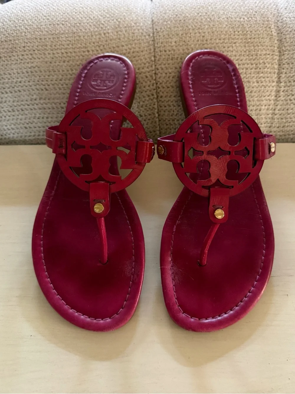 Tory Burch Miller Thong Sandals in Fuschia Spark Patent Leather